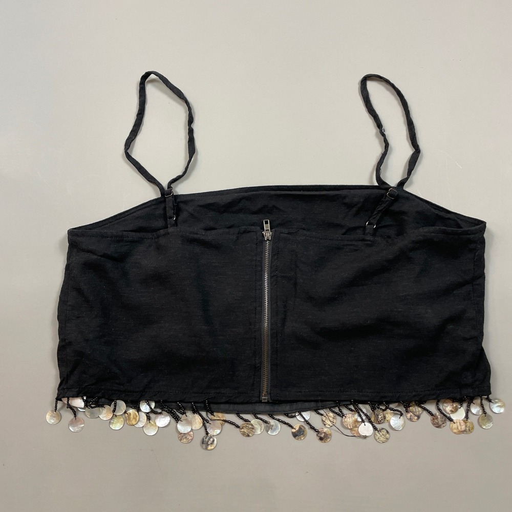 Jason Wu Black Rayon Linen Blend Beaded Shell Fringe Crop Top Cami Size 10